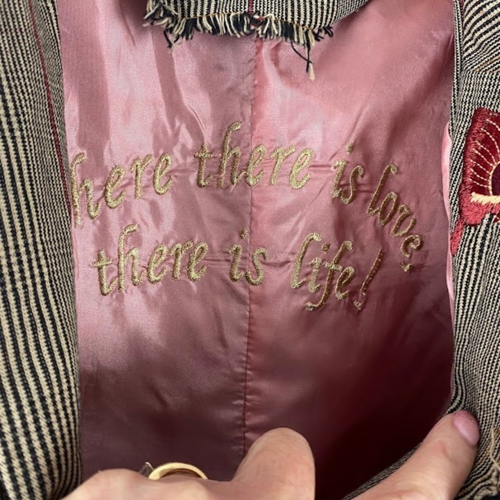 Unique Embellished Striped Blazer Jacket Floral Roses Embroidered Frayed Edges - Picture 10 of 15